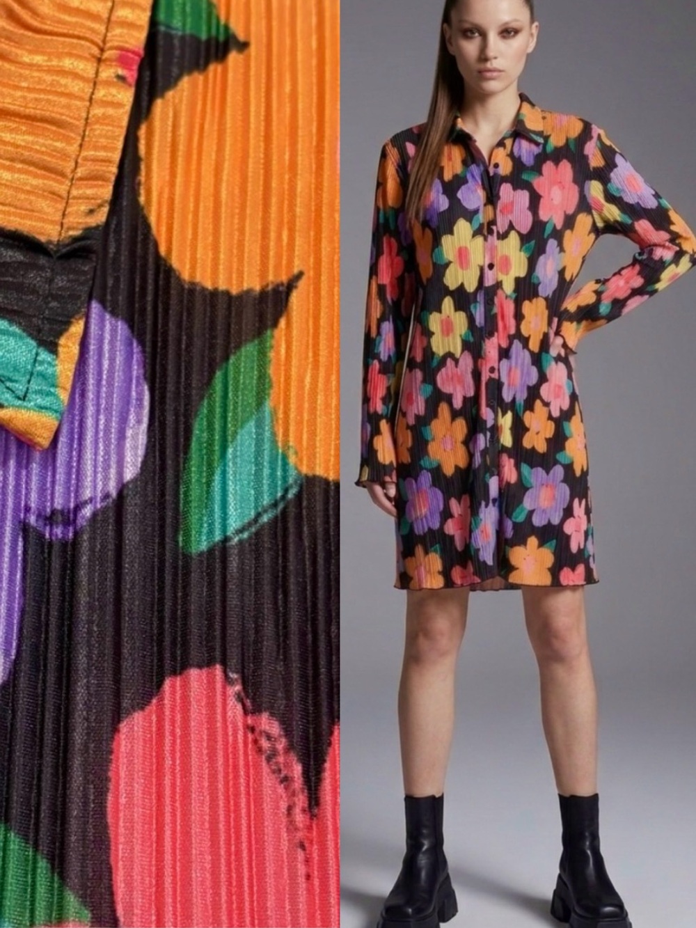 Peppermayo Big Floral Crinkled Shirt Dress Size 6 Long Bell Sleeve Colorful Twee